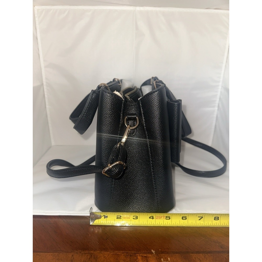 Crossi Black Faux Leather Satchel Double Bow Accent Gold Hardware Inner Pockets - Picture 7 of 7